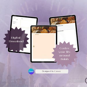 Peut inclure: Trois tablettes numériques affichant une interface de planification. Le texte "Digital Download" et "Centre your life around Salah" sont présents sur l'image. La conception est réalisée dans Canva.