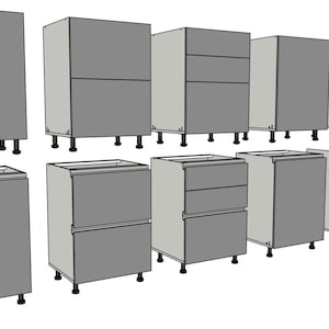 May include: A collection of gray kitchen cabinets, some with drawers, others without. The cabinets are shown in a 3D rendering, with black legs and a light gray color scheme. The cabinets are designed for a modern kitchen.