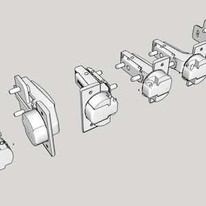 Peut inclure: Vue éclatée d'un mécanisme de serrure mécanique, rendu en 3D. Les composants sont disposés en ligne, mettant en évidence les différentes pièces et leurs relations au sein du mécanisme de verrouillage. L'image est en niveaux de gris.