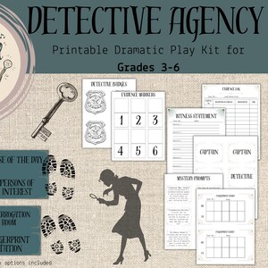 May include: A printable detective agency dramatic play kit for grades 3-6. The kit includes a key, detective badges, evidence markers, witness statements, and other props. The image features the text "DETECTIVE AGENCY".