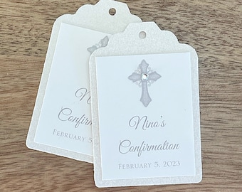 White/Silver Vertical Vintage Cross Baptism-Communion Favor Tags