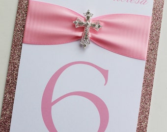 Pink Baptism-Communion Table Number with Vintage Sparkling Cross -- PRIVATE LISTNG