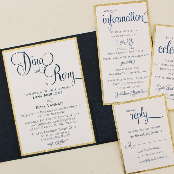 Navy and Gold Metallic Pocketfold Wedding Invitation with Monogram Fastening Label