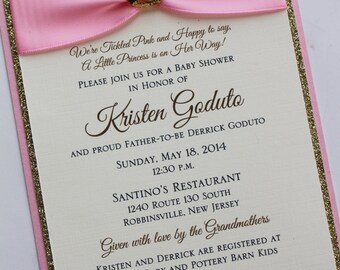 Pink and Gold Princess Baby Shower Invitation with Gold Sparkling Tiara; Rhinestone Buckle; Rhinestone Tiara Brooch