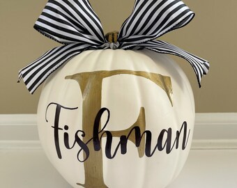 Personalized Monogrammed White Family Pumpkin; Modern script; hand lettering