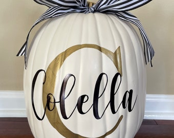 Large Personalized Monogrammed White Family Pumpkin; Modern script; hand lettering