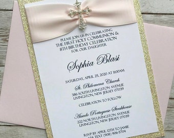 Blush Pink and Rose Gold Baptism-Communion Invitation with gold Vintage Sparkling Cross; Rhinestone Buckle; Rhinestone Cross Brooch