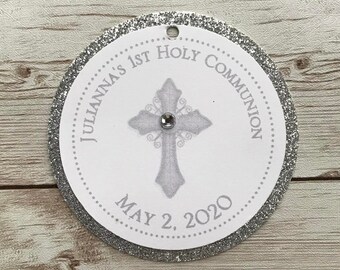 Silver Elegant Cross Baptism-Communion Circular Favor Tags