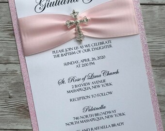 Pink  Baptism-Communion Invitation with Silver Vintage Sparkling Cross; Rhinestone Buckle; Rhinestone Cross Brooch