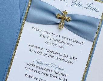 Blue and Gold  Baptism-Communion-Confirmation Invitation with Vintage Sparkling Cross; Rhinestone Buckle; Rhinestone Cross Brooch