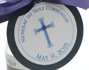 Blue Elegant Cross Baptism-Communion Circular  Favor Tags