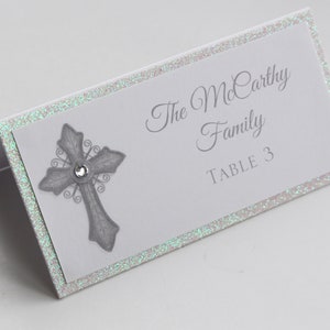White and Silver Vintage Cross Baptism-Communion Place Cards