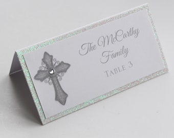 White and Silver Vintage Cross Baptism-Communion Place Cards