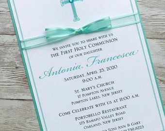 Aqua Regal Cross Baptism-Communion Invitation with Bow