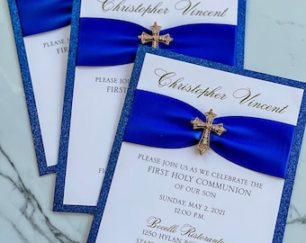 Royal Blue - Gold Baptism-Communion Invitation with Vintage Sparkling Cross; Rhinestone Buckle; Rhinestone Cross Brooch