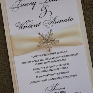 6x9 Shimmering Snowflake Wedding Invitation with Snowflake Brooch; Snowflake Brooch; Winter White; Winter Wedding