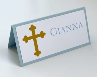 Blue and Gold Classy Cross Baptism-Communion Place Cards