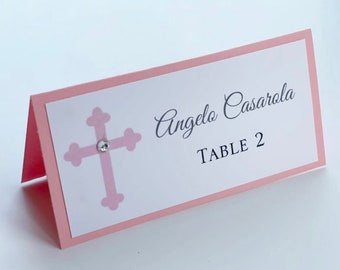 Pink Classy Cross Baptism-Communion Place Cards