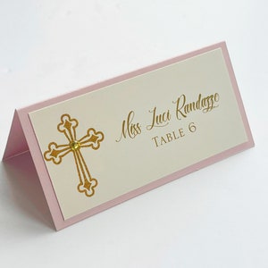Pink/Gold Graceful Cross Baptism-Communion Place Cards