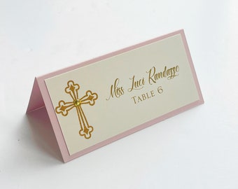 Pink/Gold Graceful Cross Baptism-Communion Place Cards