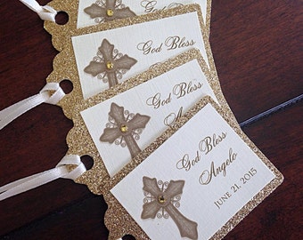 Gold Vintage Cross Baptism-Communion Favor Tags