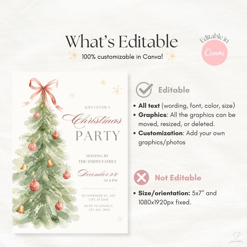 Editable elements guide for Christmas Party invitation template showing customizable text and graphics in Canva