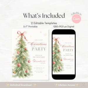 What's included graphic showing 2 editable Christmas Party invitation templates: 5x7 printable and 1080x1920px digital, editable in Canva