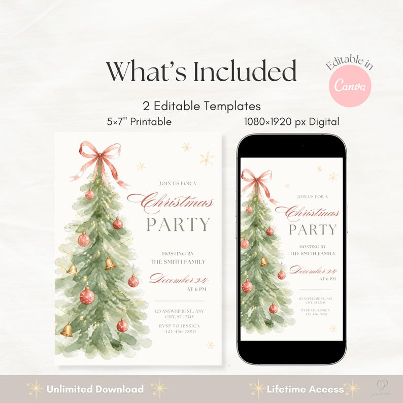 What's included graphic showing 2 editable Christmas Party invitation templates: 5x7 printable and 1080x1920px digital, editable in Canva