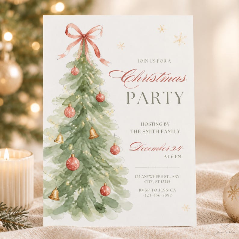 Watercolor Christmas tree party invitation card with red bow and gold bells, displayed against a lit Christmas tree background
