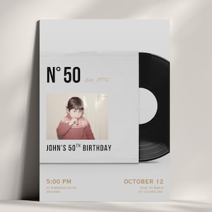 May include: A birthday invitation card featuring a black vinyl record and a white sleeve with the text N° 50, Est. 1976, and John's 50th Birthday. A vintage photograph of a child in a red sweater is centered on the sleeve. Event details include 5:00 PM, October 12, at Rimberio Hotel and Bar, with RSVP to Maria at 123.456.789.