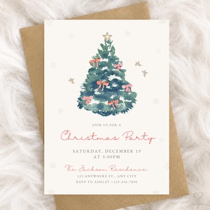 May include: A white Christmas party invitation card featuring a watercolor green Christmas tree with red striped bows and a gold star topper. The text reads: JOIN US FOR A Christmas Party, SATURDAY, DECEMBER 19 AT 3:00PM, The Jackson Residence.