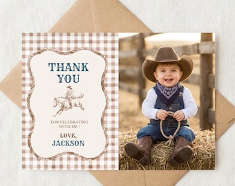 Boy First Rodeo Thank You Card, Western Cowboy Birthday Thank You Photo Card, Gingham Brown & Navy, Editable Canva Template, Printable 7x5