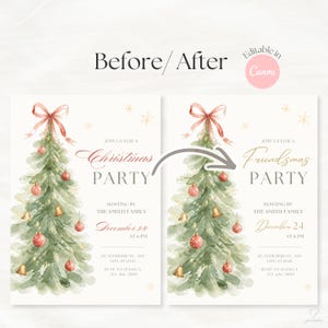 Before and after example showing Christmas Party invitation text edited to Friendsmas Party in Canva