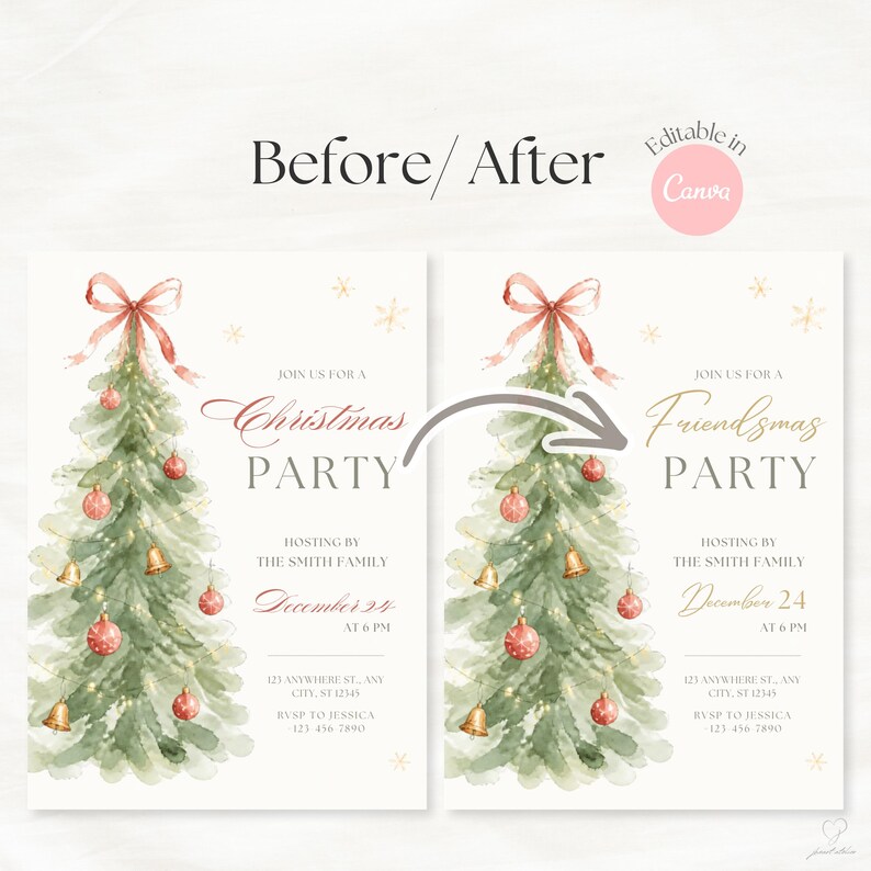 Before and after example showing Christmas Party invitation text edited to Friendsmas Party in Canva