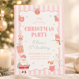 May include: A rectangular Christmas party invitation card with a pink and white striped border. The center features the text JOIN US FOR A CHRISTMAS PARTY, Olivia's 6th Birthday, December 12 at 2PM, 123 Anywhere St, Any City, RSVP to Jessie +123-456-789.