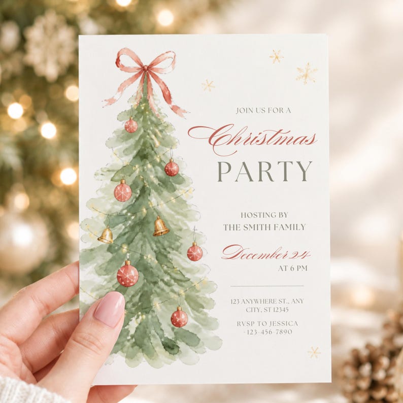 Hand holding a printed Christmas Party invitation with watercolor tree, red bow, and gold snowflake accents