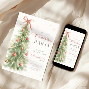 Christmas Party invitation shown as 5x7 printable card and mobile digital invite side by side on fabric background