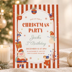 May include: A rectangular Christmas party invitation card with red and white vertical stripes. The text reads: JOIN US FOR A CHRISTMAS PARTY, Jack's 3rd Birthday, DECEMBER 12 AT 2PM, 123 ANYWHERE ST., ANY CITY, RSVP TO JESSIE +123-456-789.