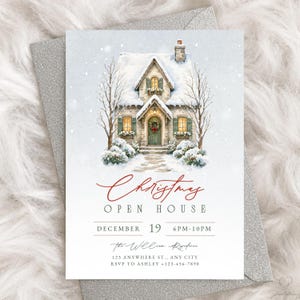 May include: A Christmas open house invitation card featuring a watercolor illustration of a snow-covered cottage with green shutters, a wreath on the door, and bare trees. The text reads: Christmas OPEN HOUSE, DECEMBER 19, 6PM-10PM, The William Residence.