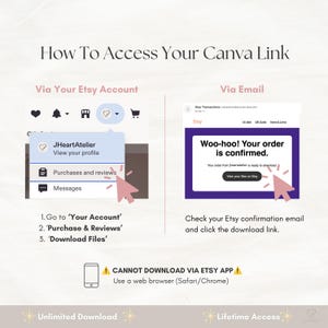 Instructions for accessing Canva template link via Etsy account purchases or confirmation email