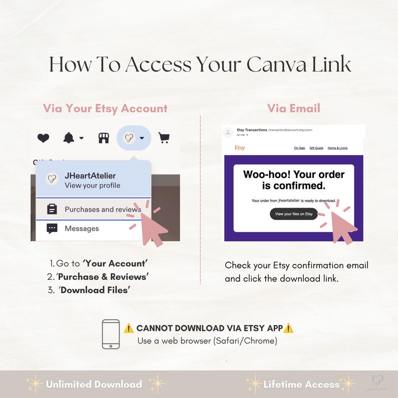 Instructions for accessing Canva template link via Etsy account purchases or confirmation email