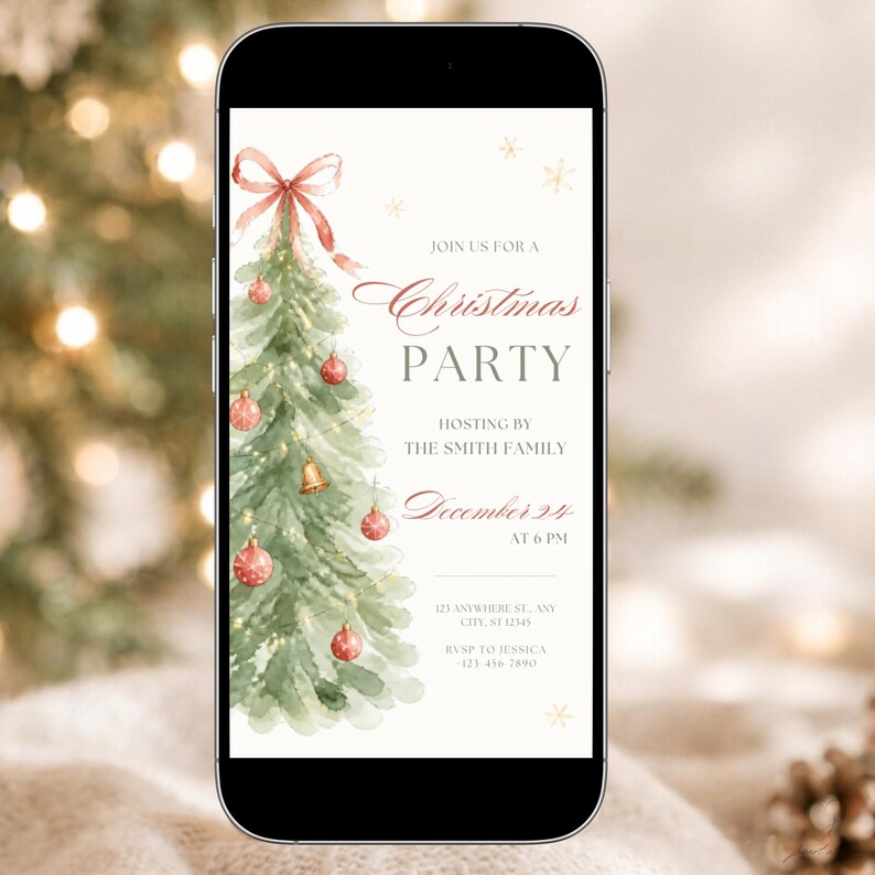 Mobile phone displaying digital Christmas Party invitation template with watercolor tree and red ribbon design