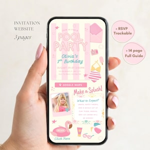 May include: A digital invitation website for a pool party displayed on a smartphone screen. The design features pink stripes, a swimsuit, a flamingo float, and text including "POOL PARTY," "Olivia's 7th Birthday," and "Make a Splash!" with event details.