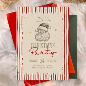May include: A rectangular Christmas party invitation card with a beige center featuring a vintage-style Santa Claus illustration, gold stars, and red and brown vertical stripes. Text includes "You are invited to", "CHRISTMAS Party", "DECEMBER 24", and "AT 5:00 PM".