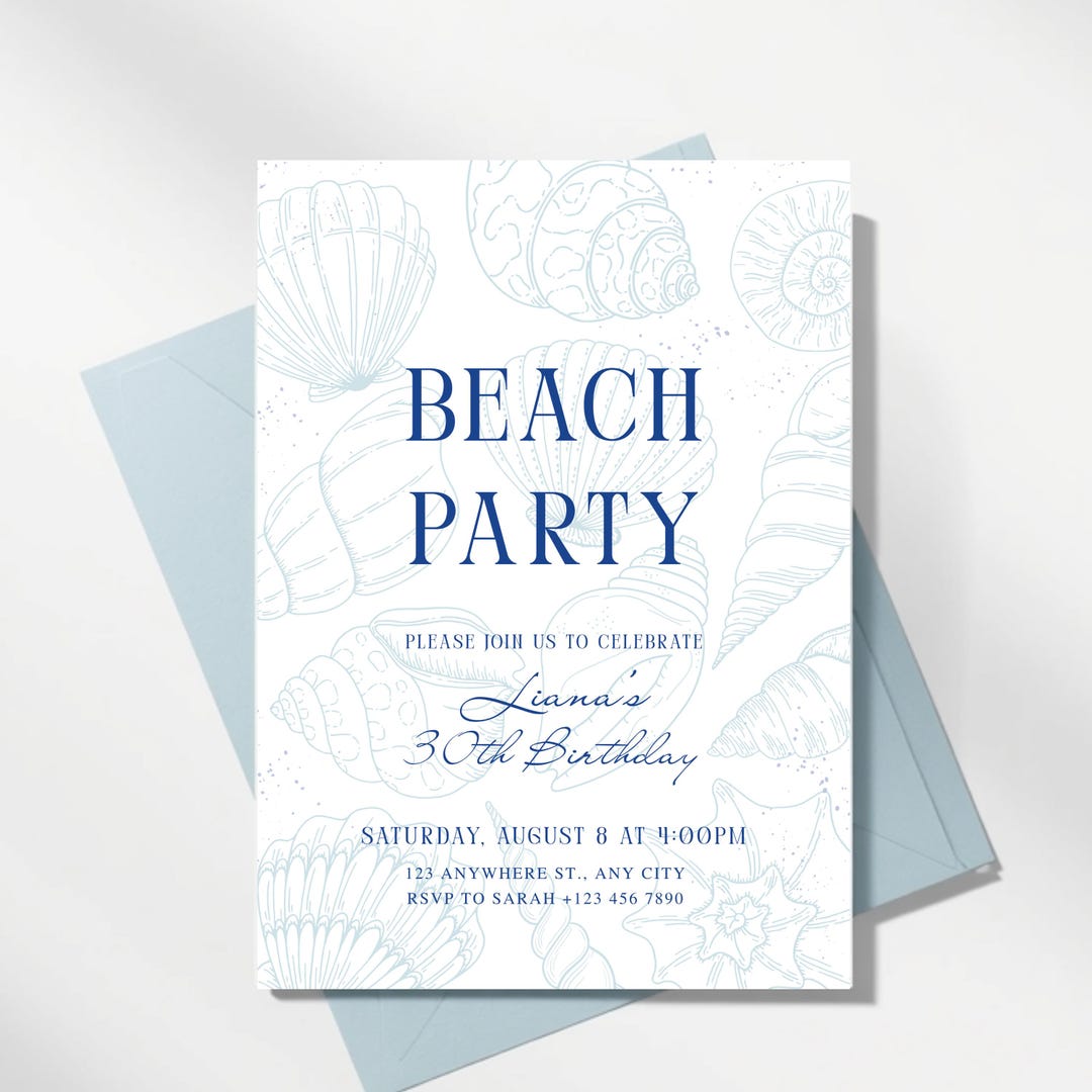 Coastal Beach Party Invitation, Seashells Birthday Invite, Summer ...