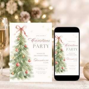 Christmas Party invitation printed card and mobile invite displayed with champagne glass and ornament for holiday styling