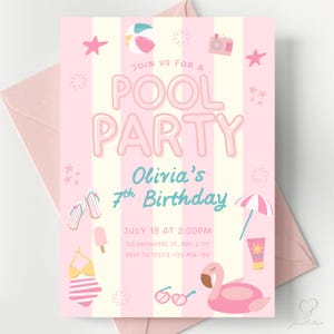 Pink Pool Party Invitation Girl Birthday, Pink Stripe Pastel Swim Party, Editable Canva Template, Printable & Digital, Instant Download