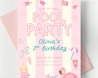 Einladung zur rosa Poolparty für Mädchengeburtstage, rosa gestreifte Pastell-Schwimmparty, bearbeitbare Canva-Vorlage, druckbar & digital, sofortiger Download