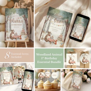 Op de afbeelding: Een bundel feestartikelen met bosdieren als thema, waaronder uitnodigingen, cupcake toppers en bedanklabels. Het ontwerp toont een beer en een vos aan een picknicktafel met een taart. De tekst luidt "Oliver's 1st Birthday" en "One."