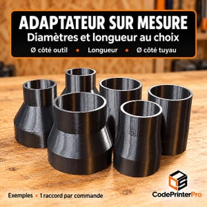 Op de afbeelding: Zes zwarte cilindrische adapters met variërende diameters en taps toelopende vormen. De tekst bovenaan luidt ADAPTATEUR SUR MESURE, Diamètres et longueur au choix, Ø côté outil, Longueur, Ø côté tuyau. Onderaan staat Exemples 1 raccord par commande.